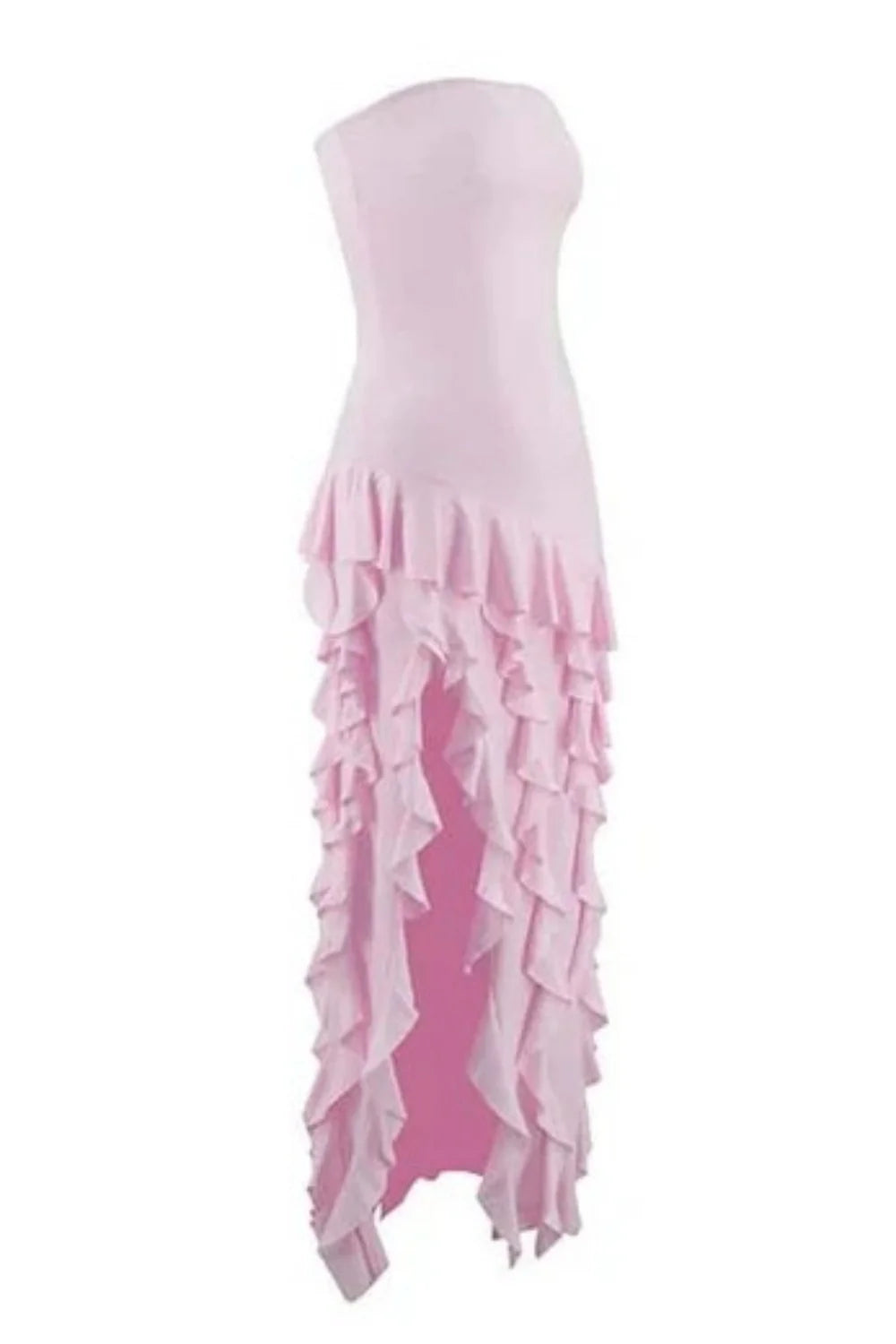 Elegant Light Pink Strapless Sheath Prom Dress With Cascading Ruffles AD360