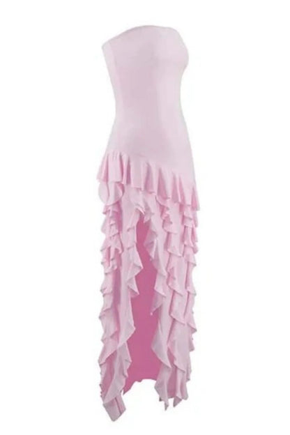 Elegant Light Pink Strapless Sheath Prom Dress With Cascading Ruffles AD360