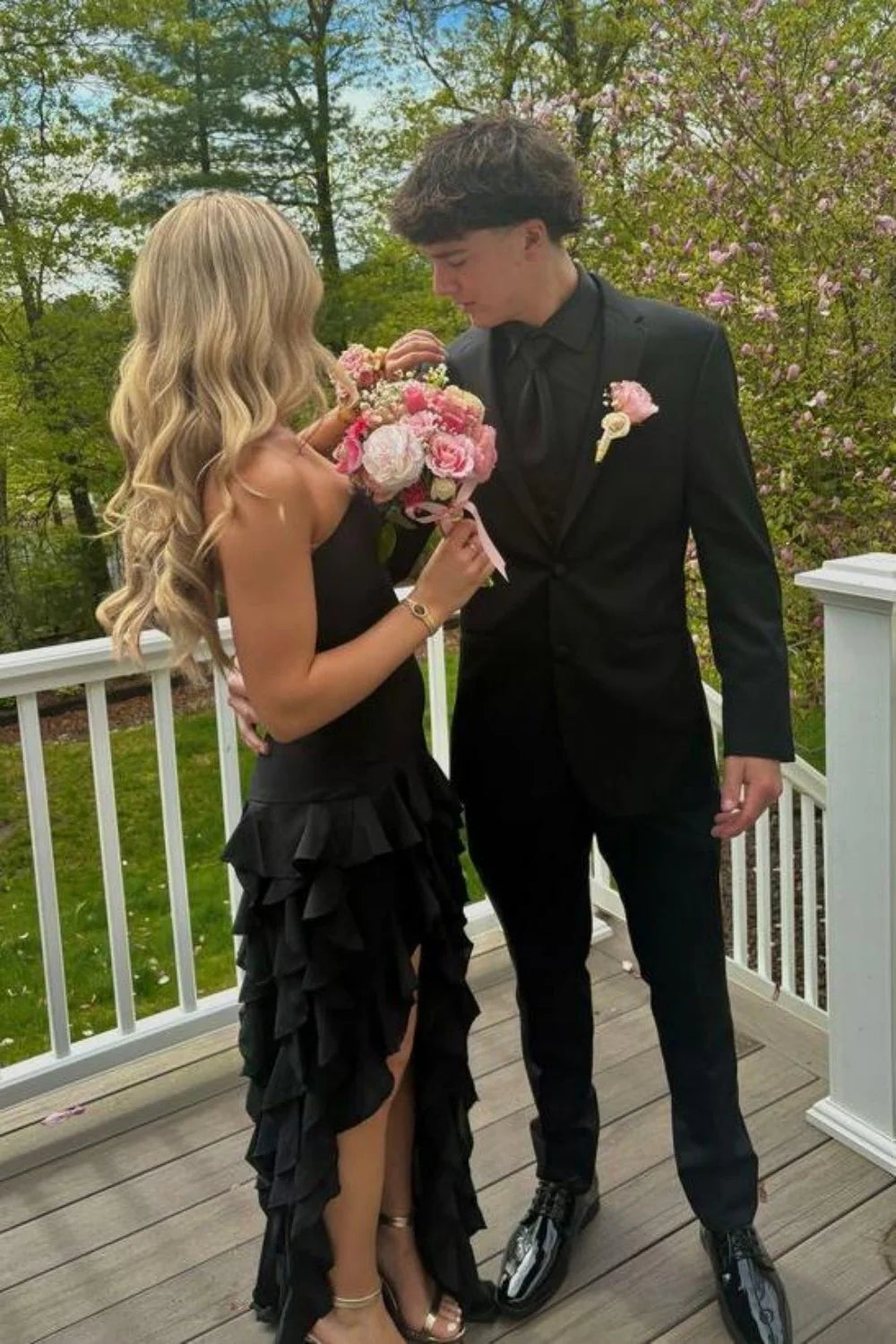 Elegant Light Pink Strapless Sheath Prom Dress With Cascading Ruffles AD360