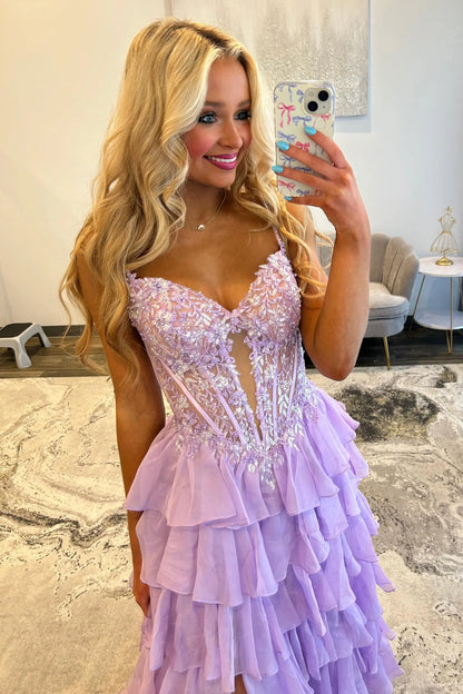 Lilac Appliqué Lace Corset Bodice Ruffle A-Line Prom Dress With High Slit AD361