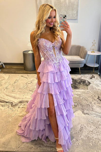 Lilac Appliqué Lace Corset Bodice Ruffle A-Line Prom Dress With High Slit AD361