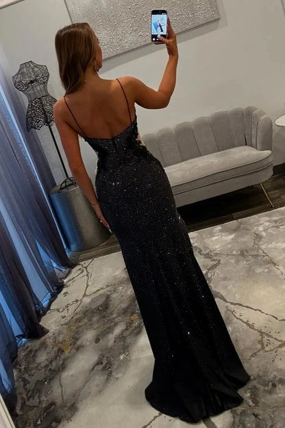 Sexy Black Beaded Spaghetti Straps Prom Gown With Side Cutout & Slit AD362