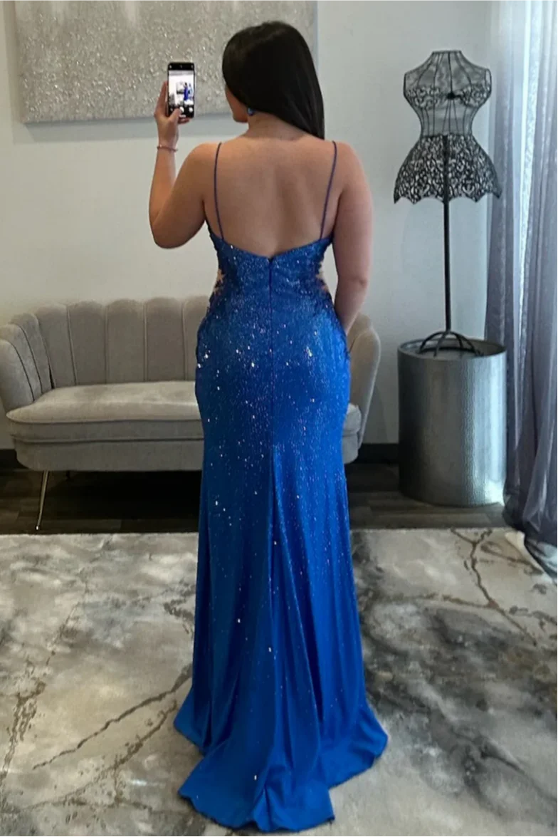 Sexy Black Beaded Spaghetti Straps Prom Gown With Side Cutout & Slit AD362