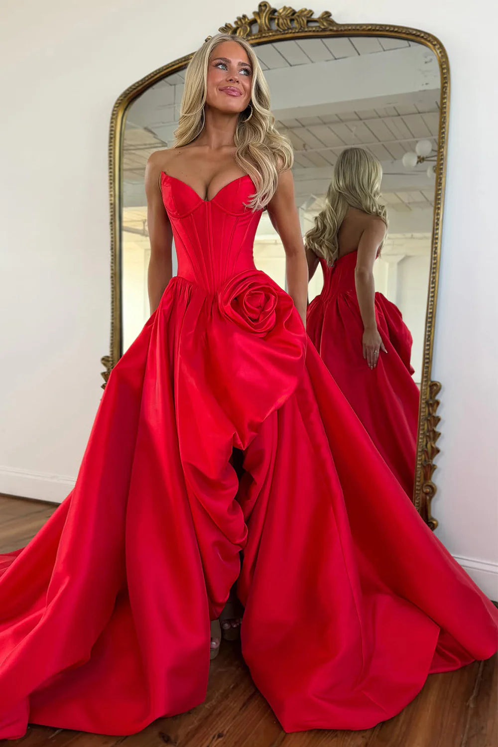 Classic Red Satin A-Line Corset Full Skirt Prom Dress with Floral Accent AD363