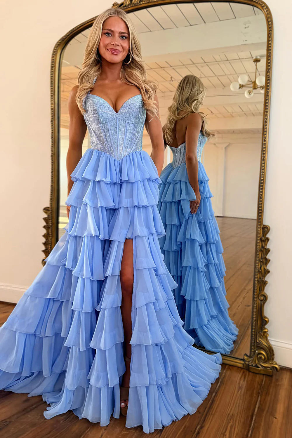 Light Blue Sweetheart Beaded Top Corset Tiered Ruffle Prom Dress With Slit AD364