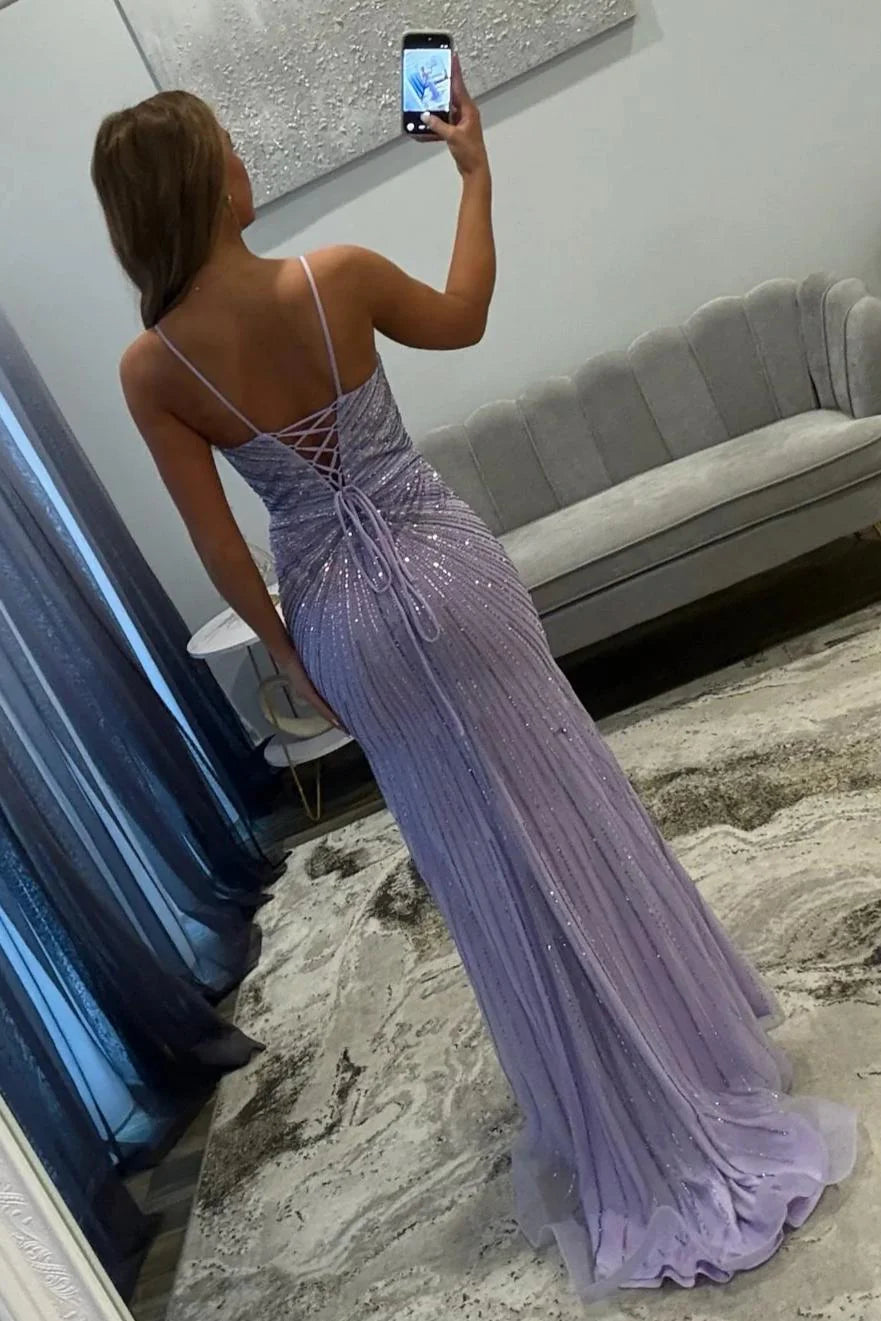 Sparkly Lilac Spaghetti Straps Long Beaded Prom Dress With Side Slit AD366