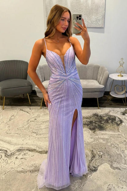 Sparkly Lilac Spaghetti Straps Long Beaded Prom Dress With Side Slit AD366