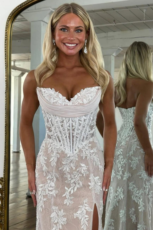 Romantic Floral Lace Mermaid Sweetheart Corset Prom Gown With High Slit AD367