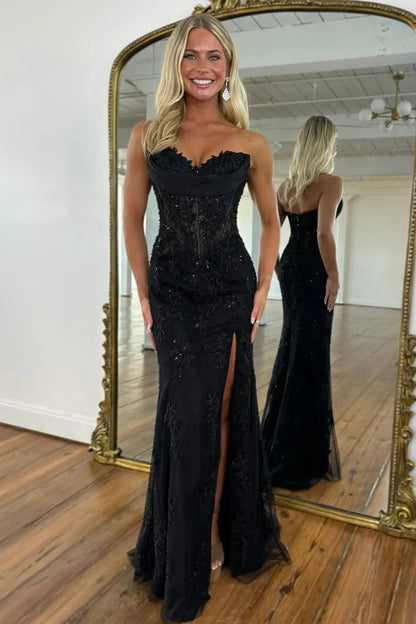 Romantic Floral Lace Mermaid Sweetheart Corset Prom Gown With High Slit AD367