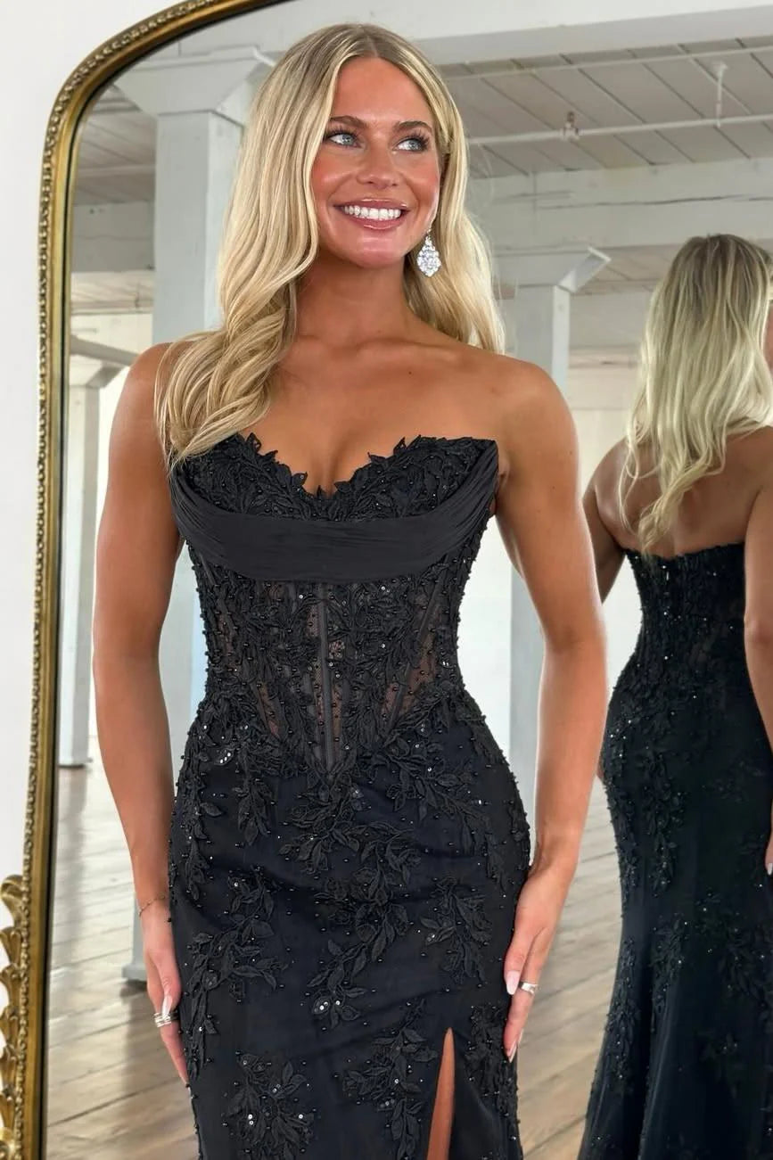 Romantic Floral Lace Mermaid Sweetheart Corset Prom Gown With High Slit AD367