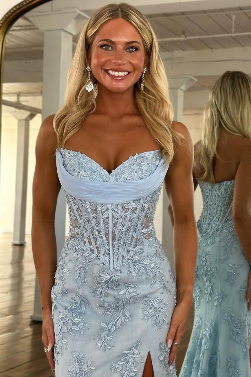 Romantic Floral Lace Mermaid Sweetheart Corset Prom Gown With High Slit AD367