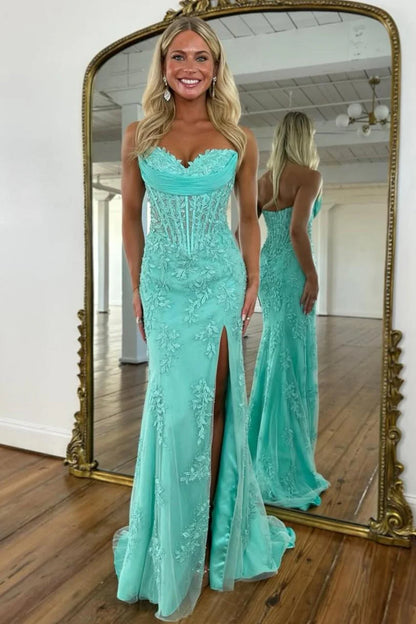 Romantic Floral Lace Mermaid Sweetheart Corset Prom Gown With High Slit AD367