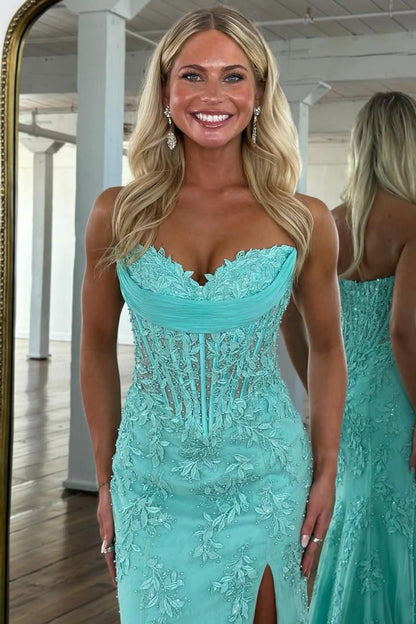 Romantic Floral Lace Mermaid Sweetheart Corset Prom Gown With High Slit AD367