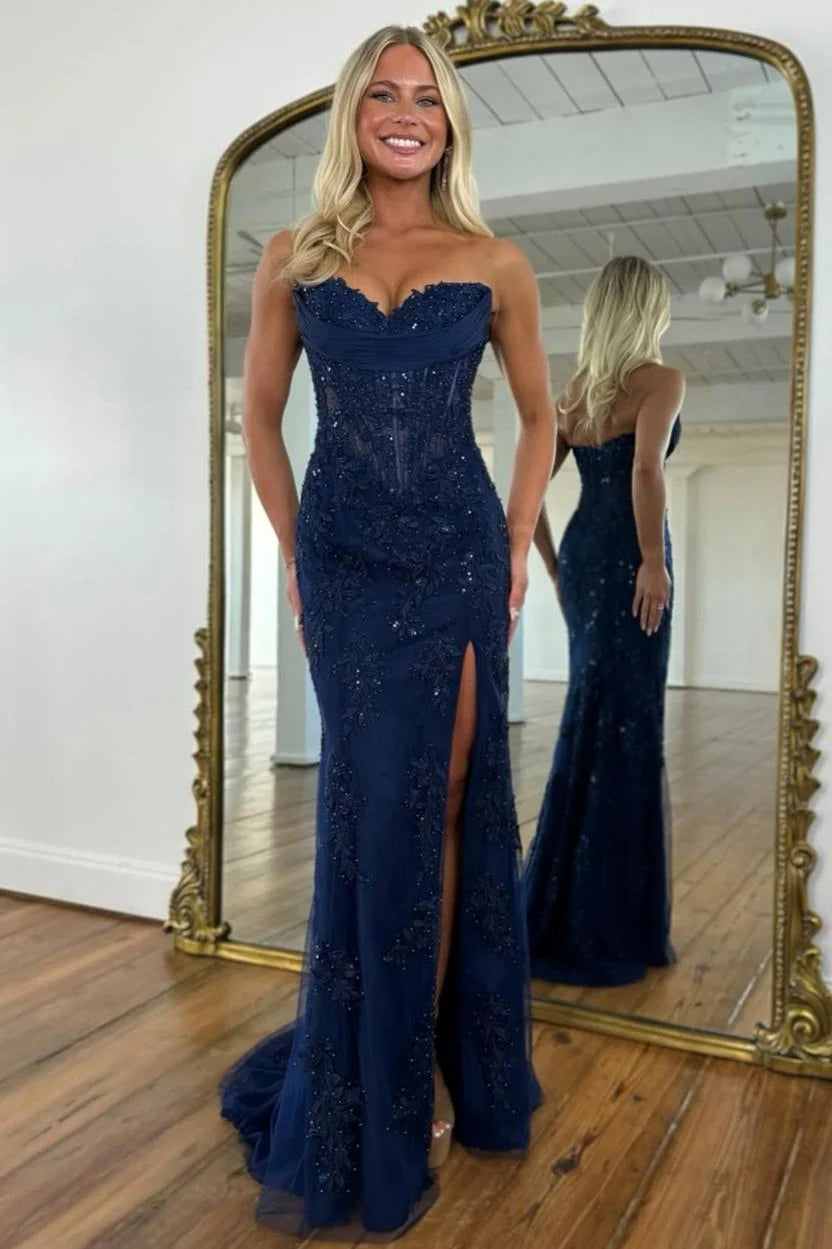 Romantic Floral Lace Mermaid Sweetheart Corset Prom Gown With High Slit AD367