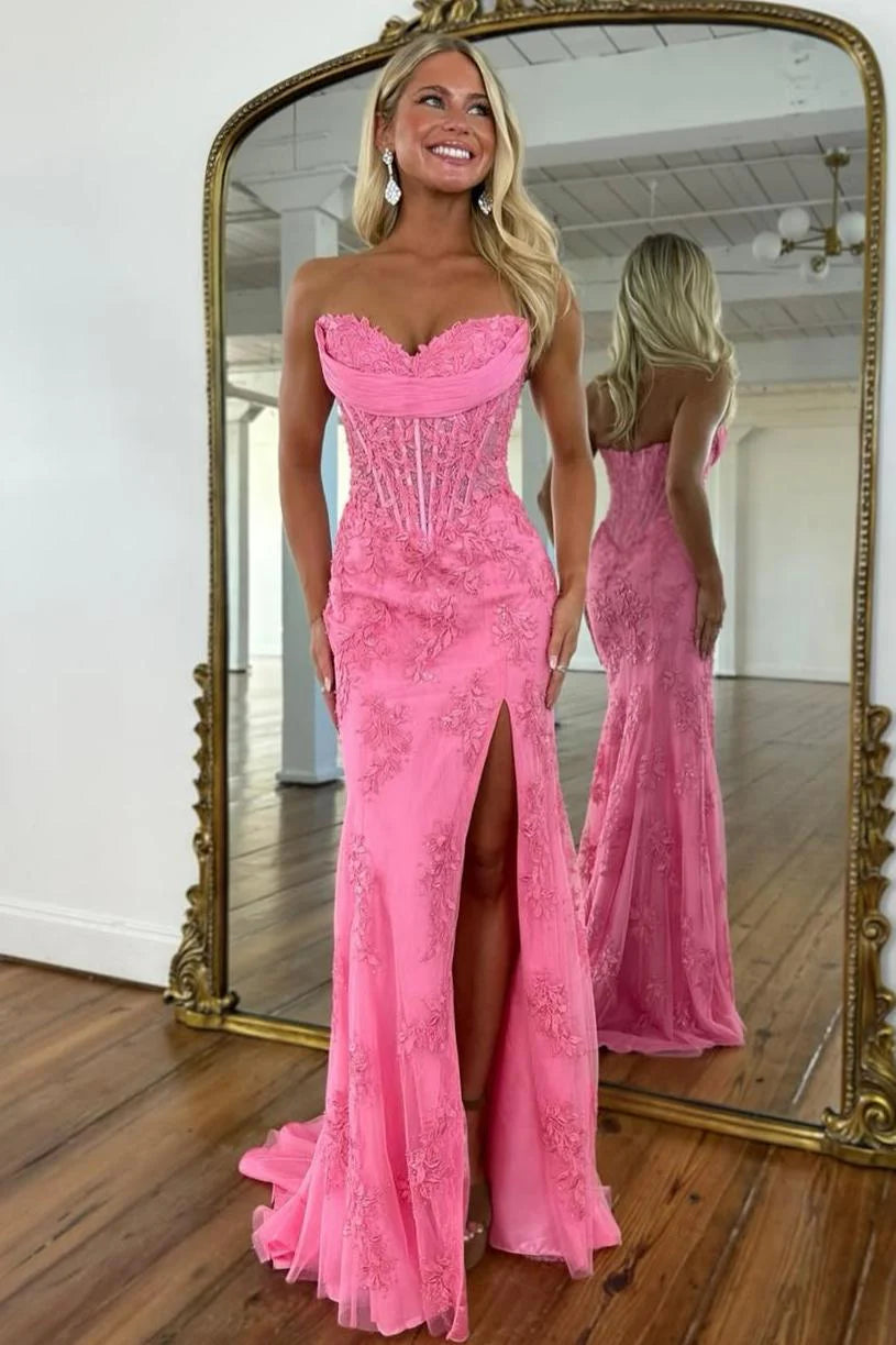 Romantic Floral Lace Mermaid Sweetheart Corset Prom Gown With High Slit AD367