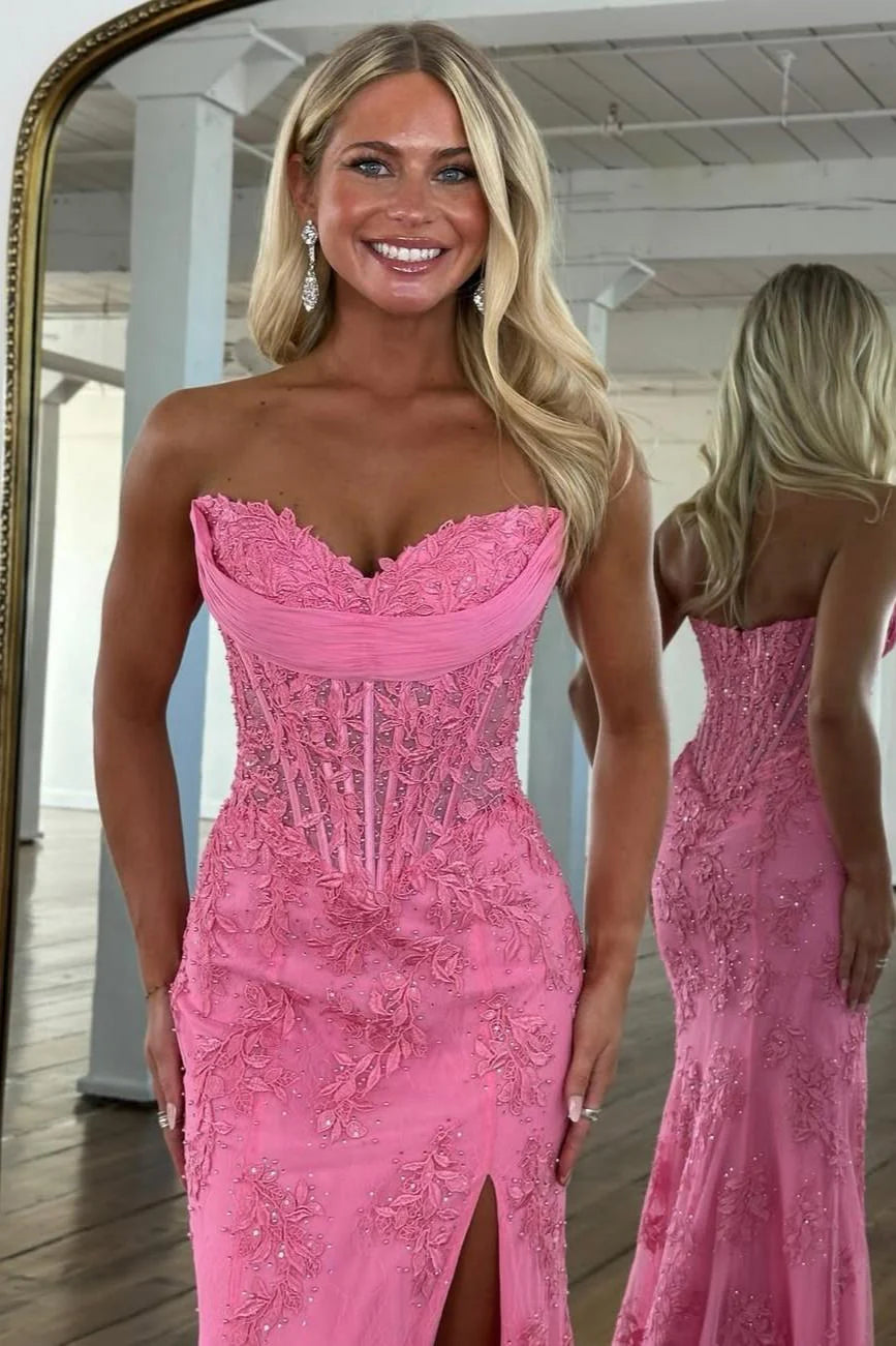 Romantic Floral Lace Mermaid Sweetheart Corset Prom Gown With High Slit AD367