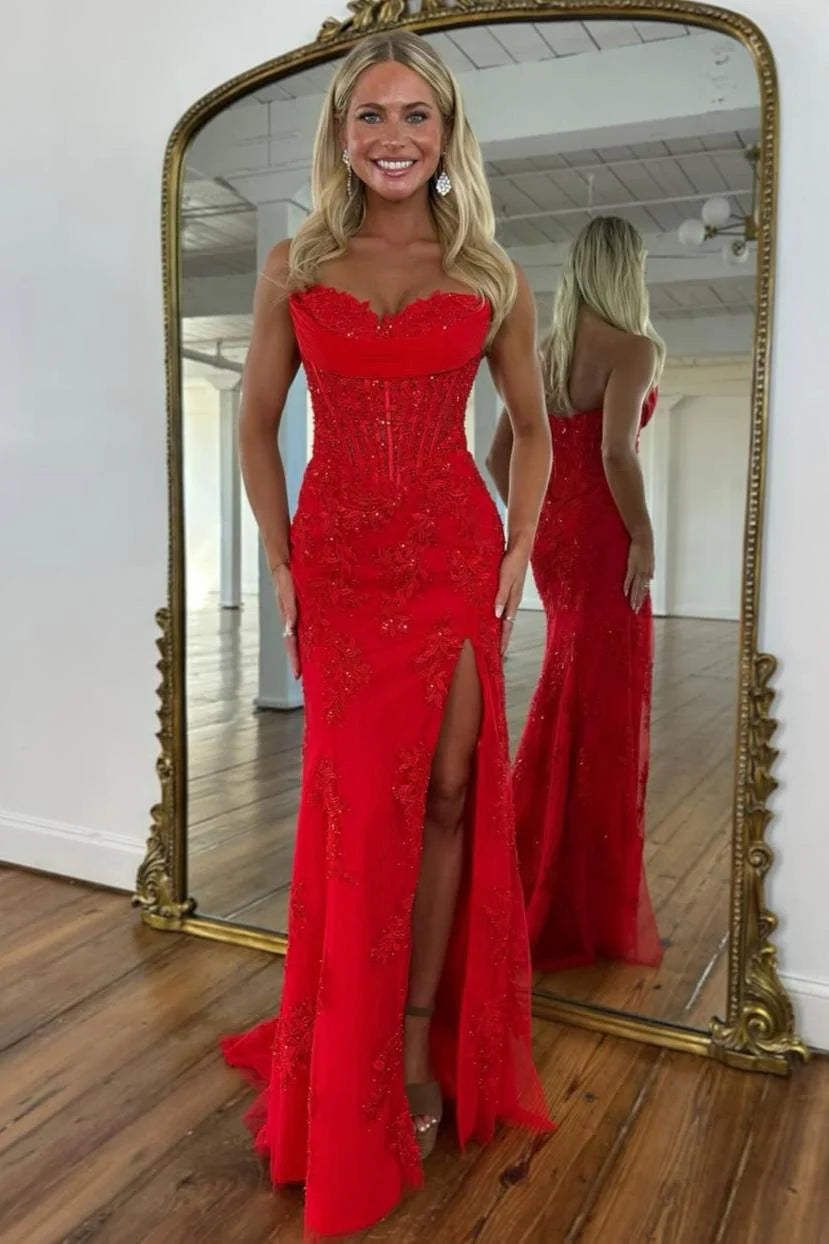 Romantic Floral Lace Mermaid Sweetheart Corset Prom Gown With High Slit AD367