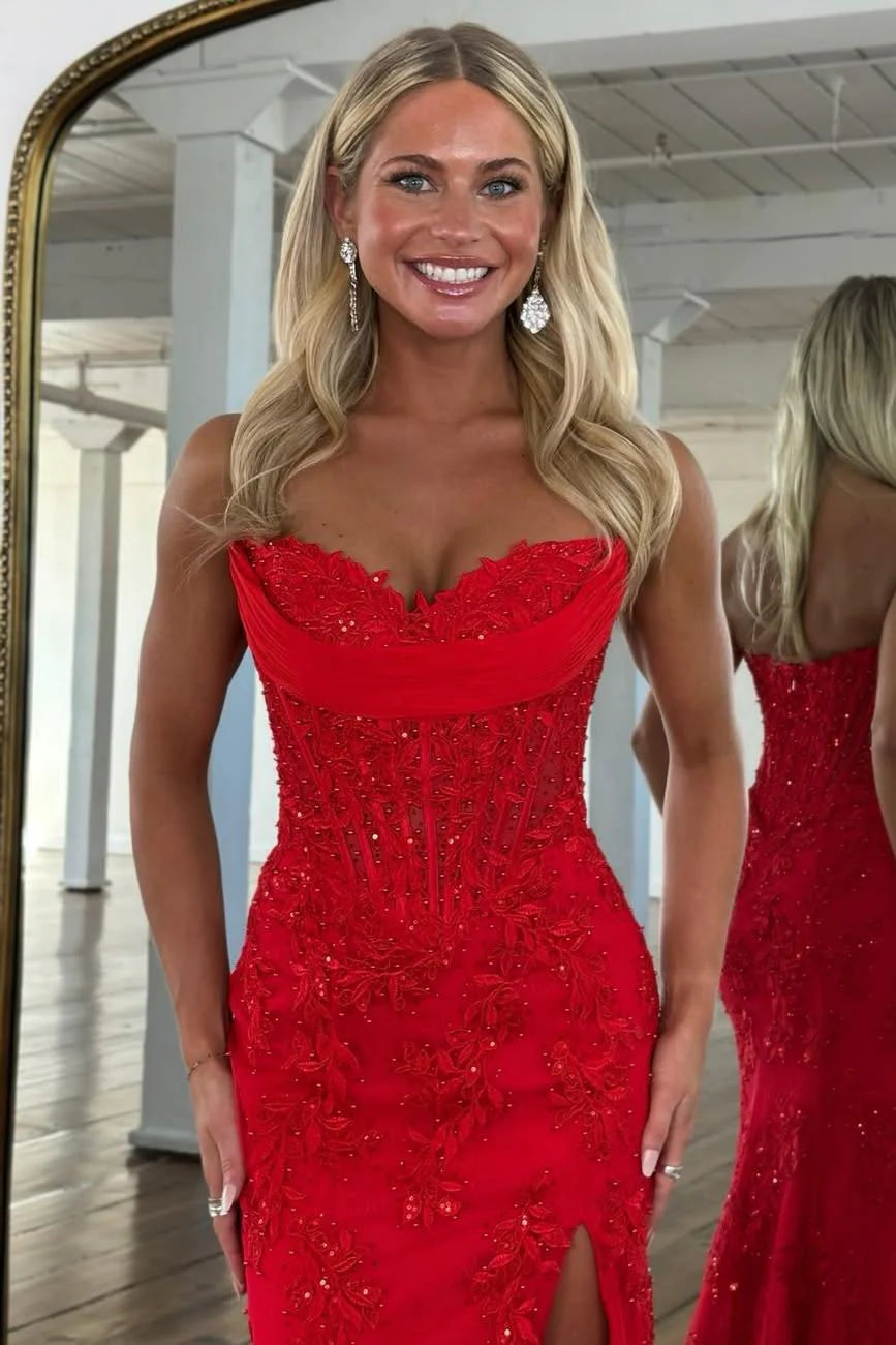 Romantic Floral Lace Mermaid Sweetheart Corset Prom Gown With High Slit AD367