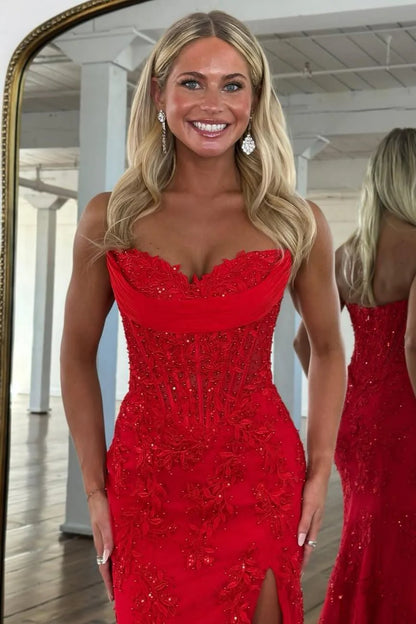 Romantic Floral Lace Mermaid Sweetheart Corset Prom Gown With High Slit AD367