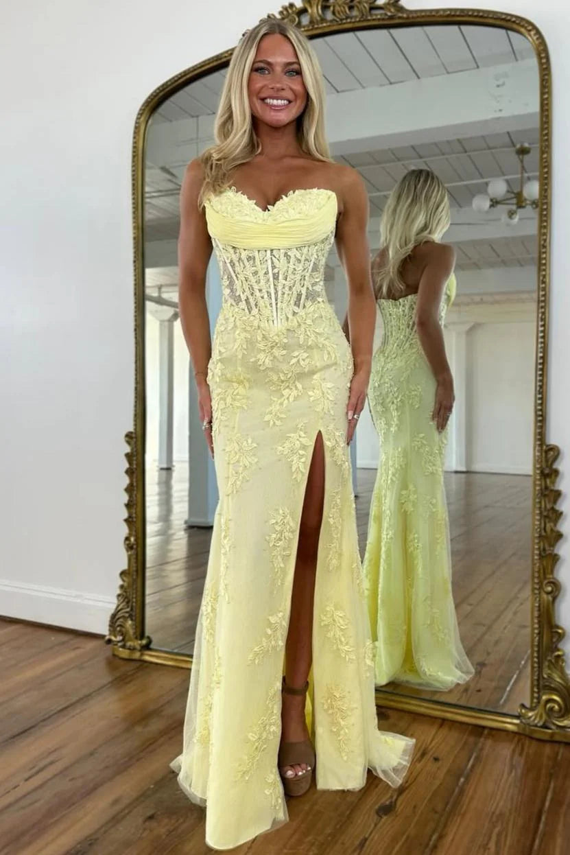 Romantic Floral Lace Mermaid Sweetheart Corset Prom Gown With High Slit AD367