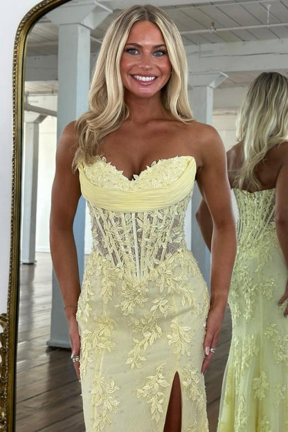 Romantic Floral Lace Mermaid Sweetheart Corset Prom Gown With High Slit AD367