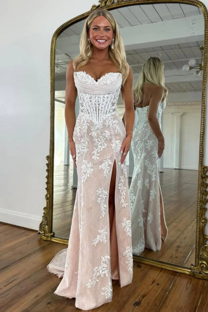 Romantic Floral Lace Mermaid Sweetheart Corset Prom Gown With High Slit AD367