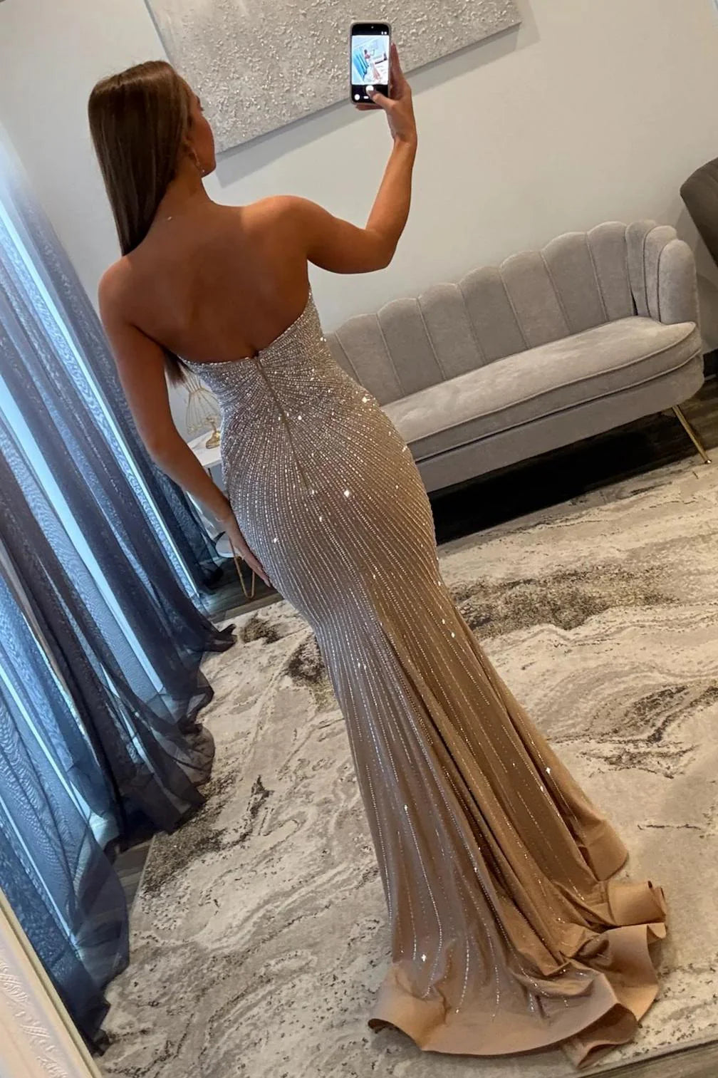 Sparkly Champagne Mermaid Strapless Long Beaded Prom Dress With Cutout AD368