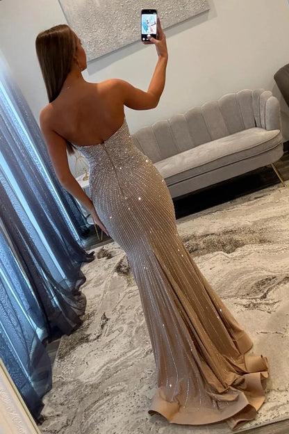 Sparkly Champagne Mermaid Strapless Long Beaded Prom Dress With Cutout AD368
