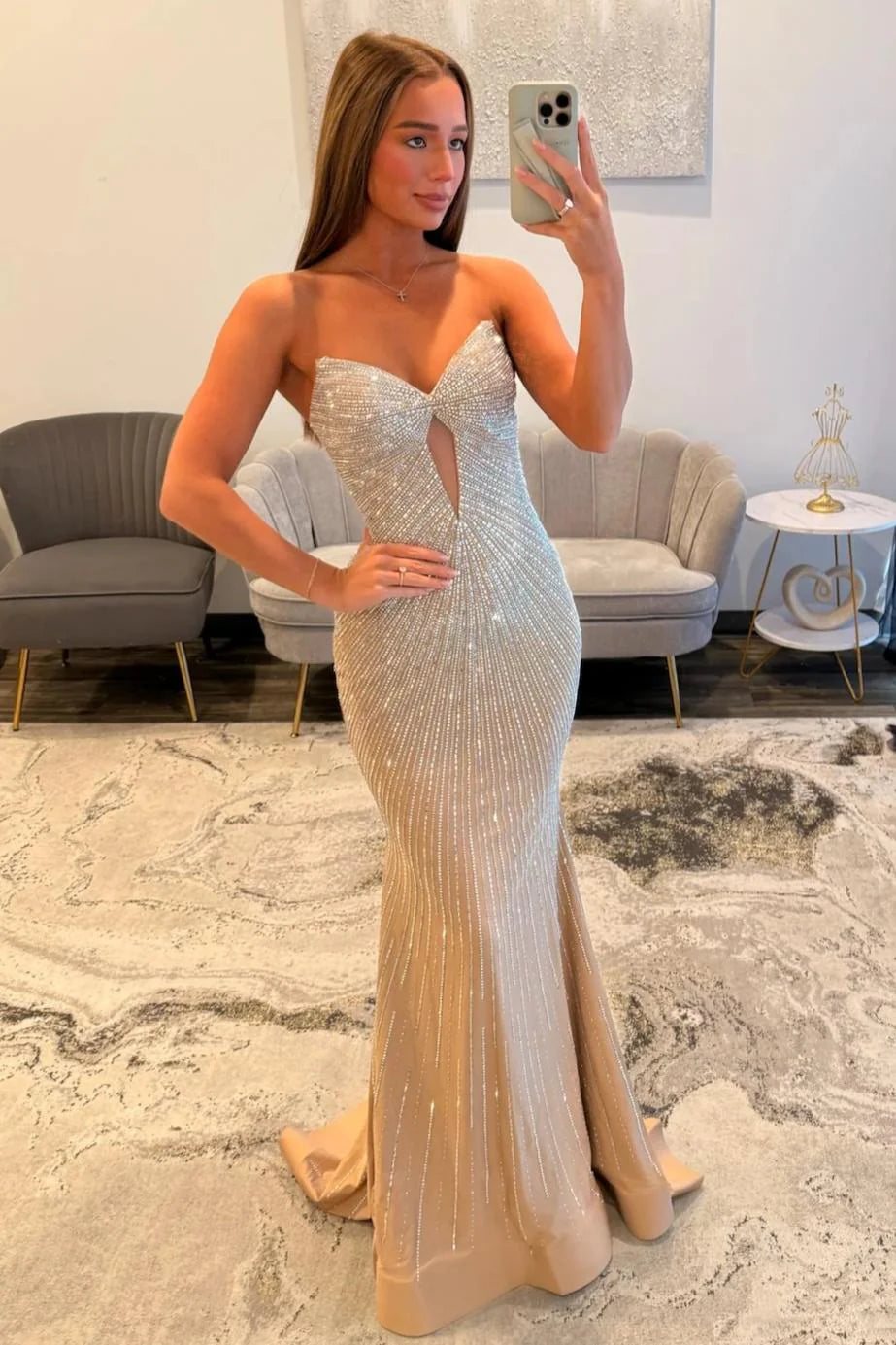 Sparkly Champagne Mermaid Strapless Long Beaded Prom Dress With Cutout AD368