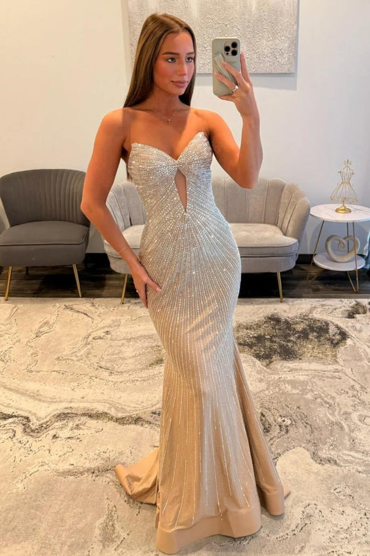 Sparkly Champagne Mermaid Strapless Long Beaded Prom Dress With Cutout AD368