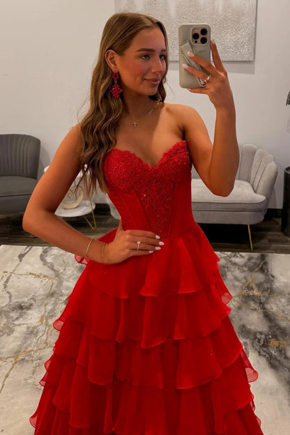 Stunning Red A-Line Sweetheart Long Tiered Chiffon Prom Dress With Slit AD369