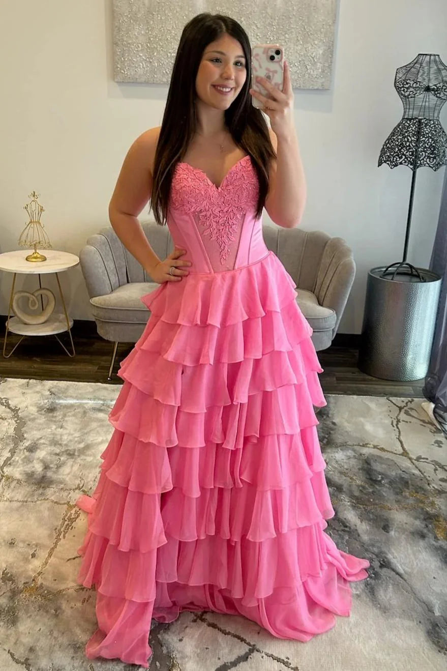 Stunning Red A-Line Sweetheart Long Tiered Chiffon Prom Dress With Slit AD369