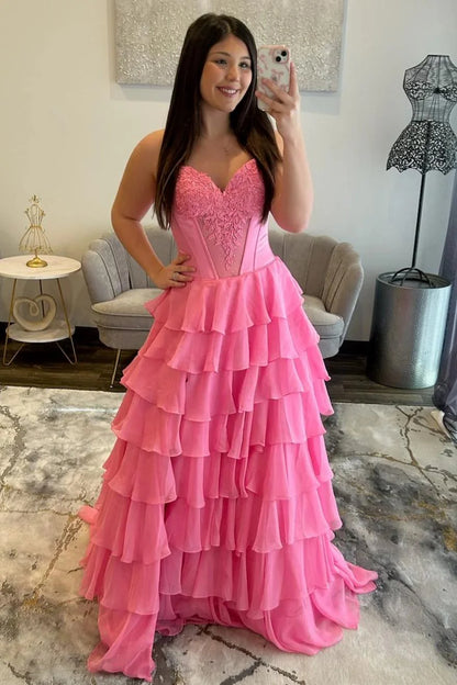 Stunning Red A-Line Sweetheart Long Tiered Chiffon Prom Dress With Slit AD369