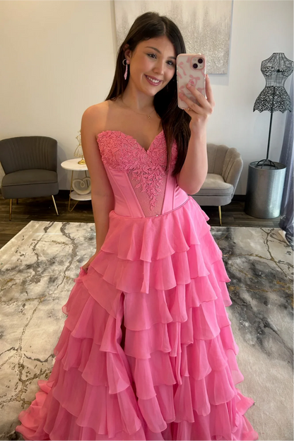 Stunning Red A-Line Sweetheart Long Tiered Chiffon Prom Dress With Slit AD369