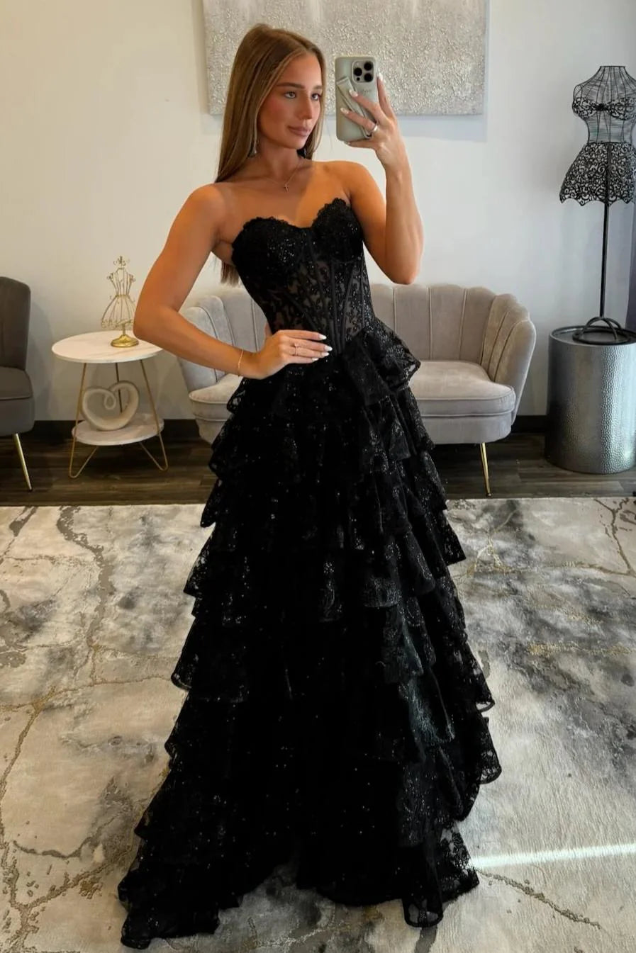 Romantic Lace Sweetheart Corset Ruffle Prom Gown With High Slit AD370