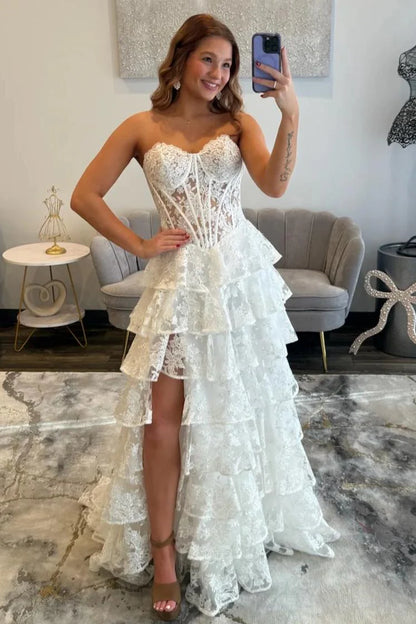 Romantic Lace Sweetheart Corset Ruffle Prom Gown With High Slit AD370