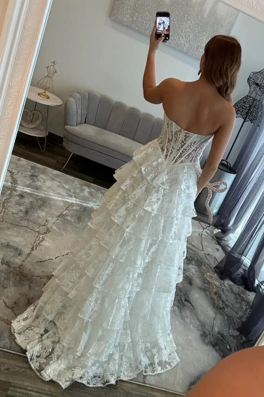Romantic Lace Sweetheart Corset Ruffle Prom Gown With High Slit AD370