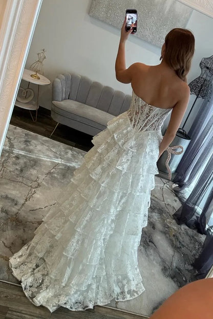 Romantic Lace Sweetheart Corset Ruffle Prom Gown With High Slit AD370