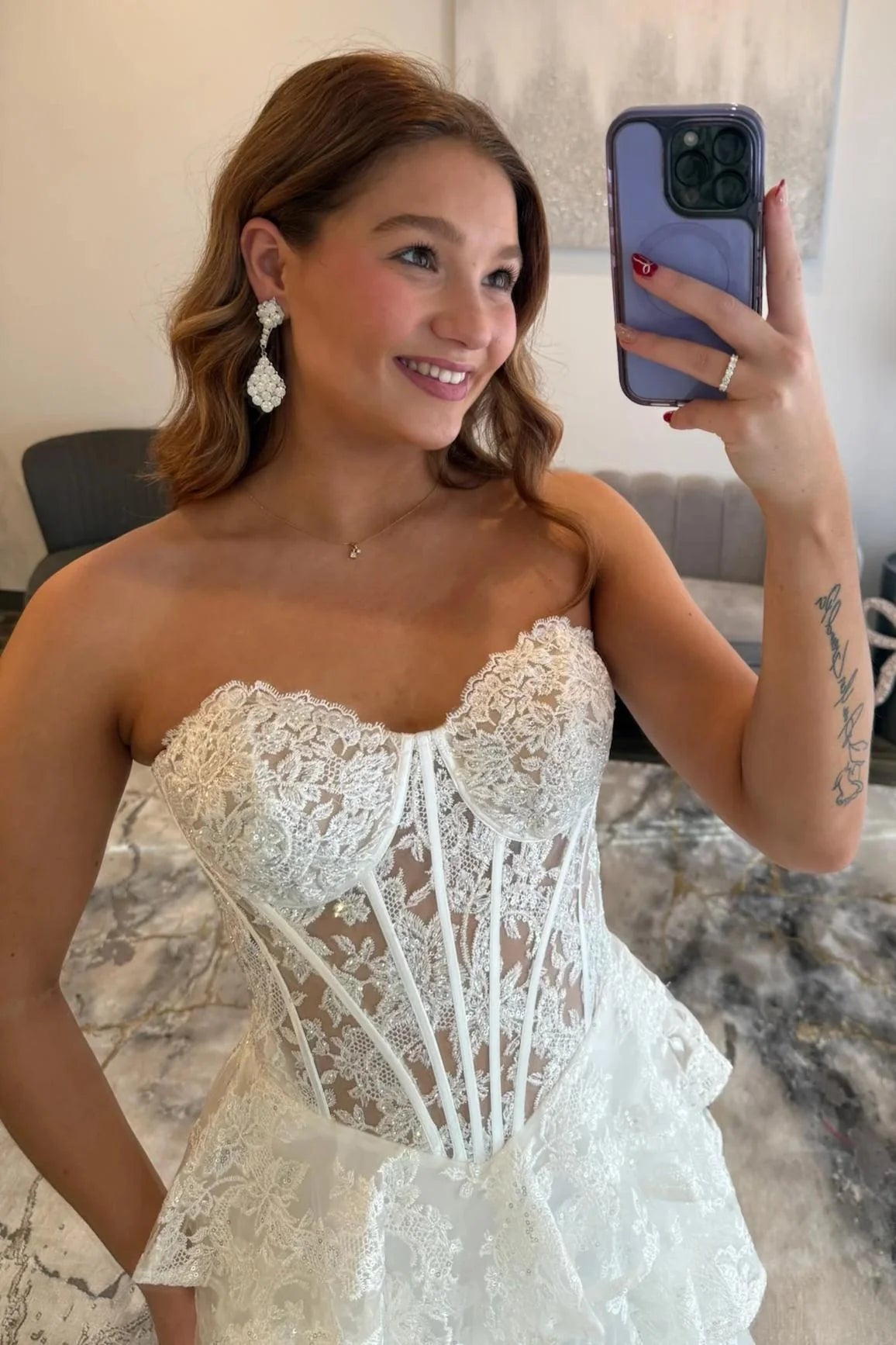 Romantic Lace Sweetheart Corset Ruffle Prom Gown With High Slit AD370