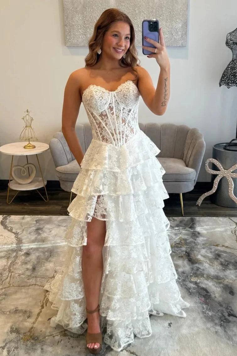 Romantic Lace Sweetheart Corset Ruffle Prom Gown With High Slit AD370