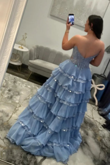 Glamorous Light Blue Strapless Lace Corset Tiered Tulle Prom Dress With Slit AD371
