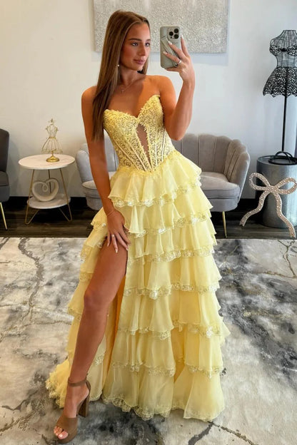 Glamorous Light Blue Strapless Lace Corset Tiered Tulle Prom Dress With Slit AD371