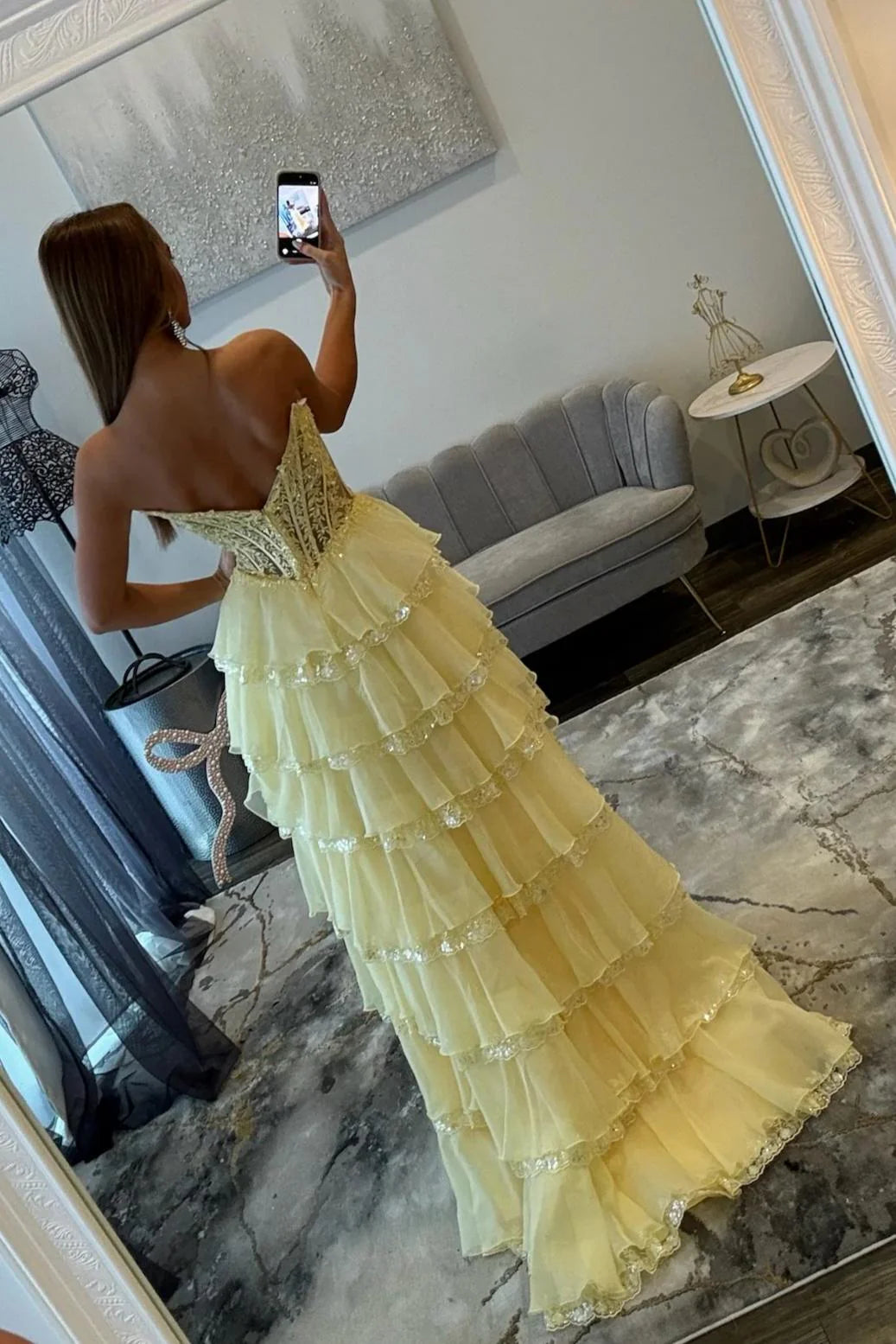 Glamorous Light Blue Strapless Lace Corset Tiered Tulle Prom Dress With Slit AD371