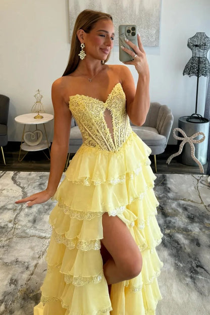 Glamorous Light Blue Strapless Lace Corset Tiered Tulle Prom Dress With Slit AD371