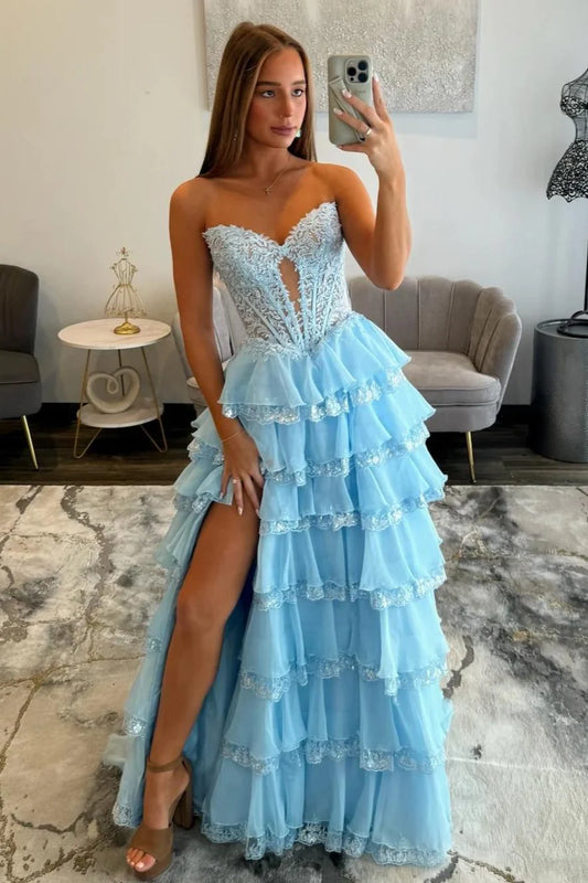 Glamorous Light Blue Strapless Lace Corset Tiered Tulle Prom Dress With Slit AD371