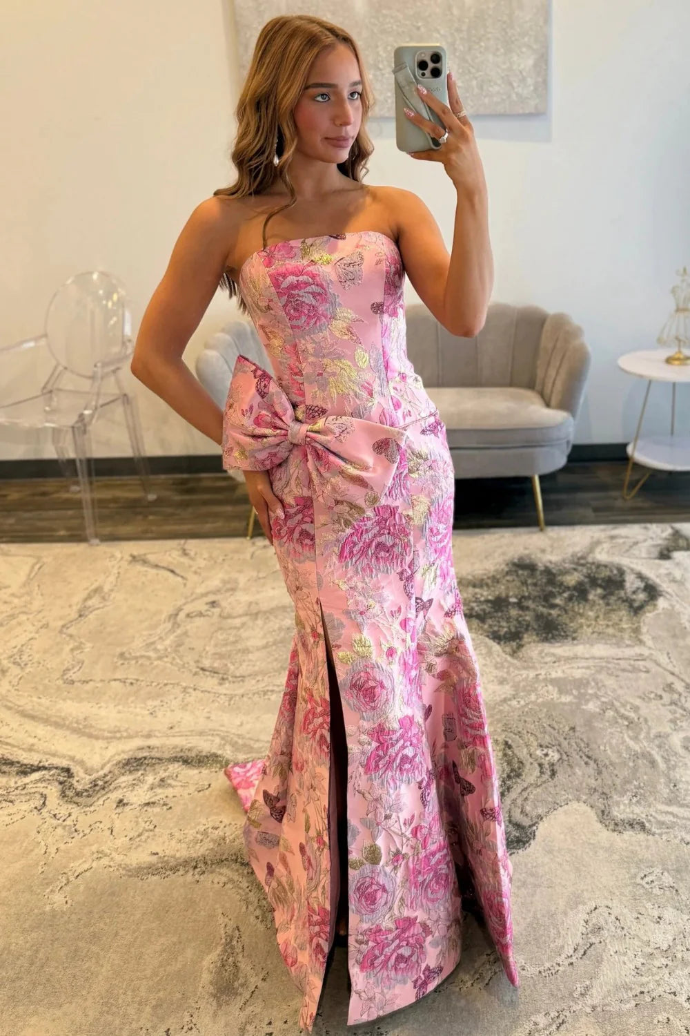 Elegant Pink Floral Jacquard Strapless Mermaid Prom Dress With Bow Detail AD372