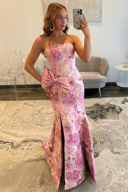 Elegant Pink Floral Jacquard Strapless Mermaid Prom Dress With Bow Detail AD372