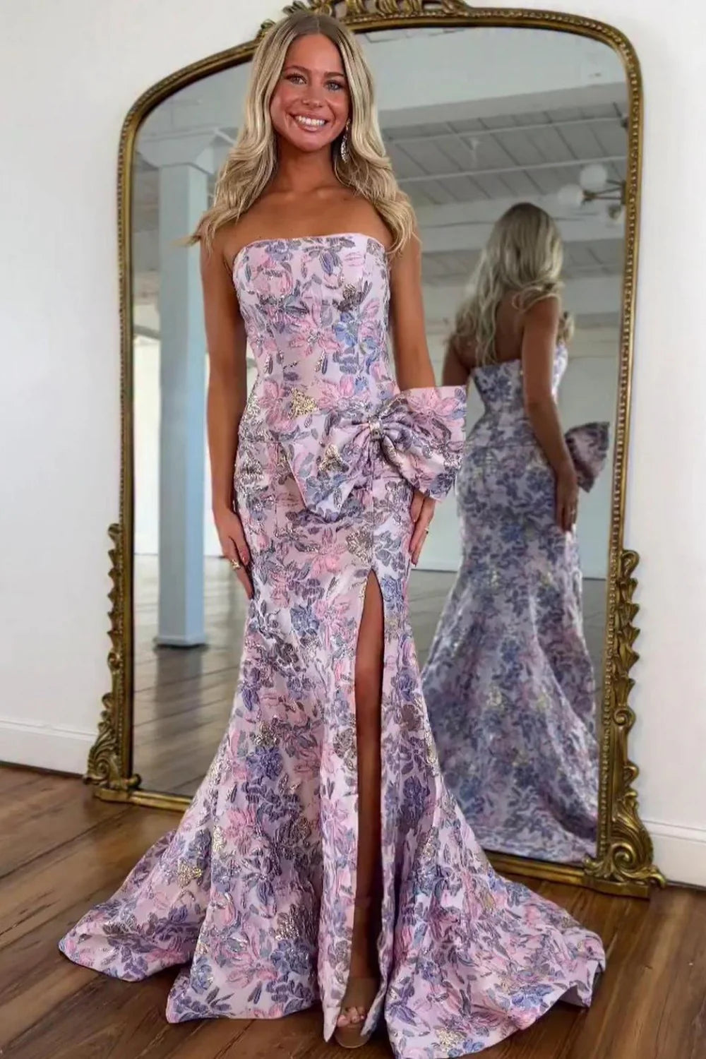 Elegant Pink Floral Jacquard Strapless Mermaid Prom Dress With Bow Detail AD372