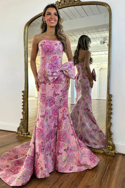 Elegant Pink Floral Jacquard Strapless Mermaid Prom Dress With Bow Detail AD372