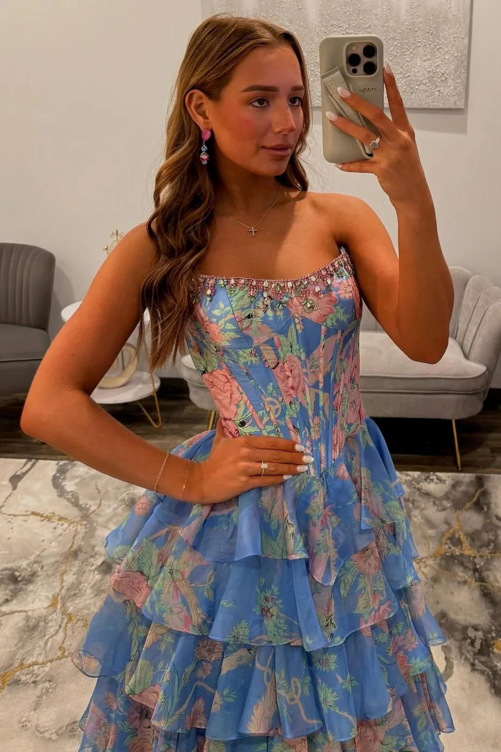 Floral Print A-Line Strapless Tiered Prom Dress With Fitted Corset And Slit AD373